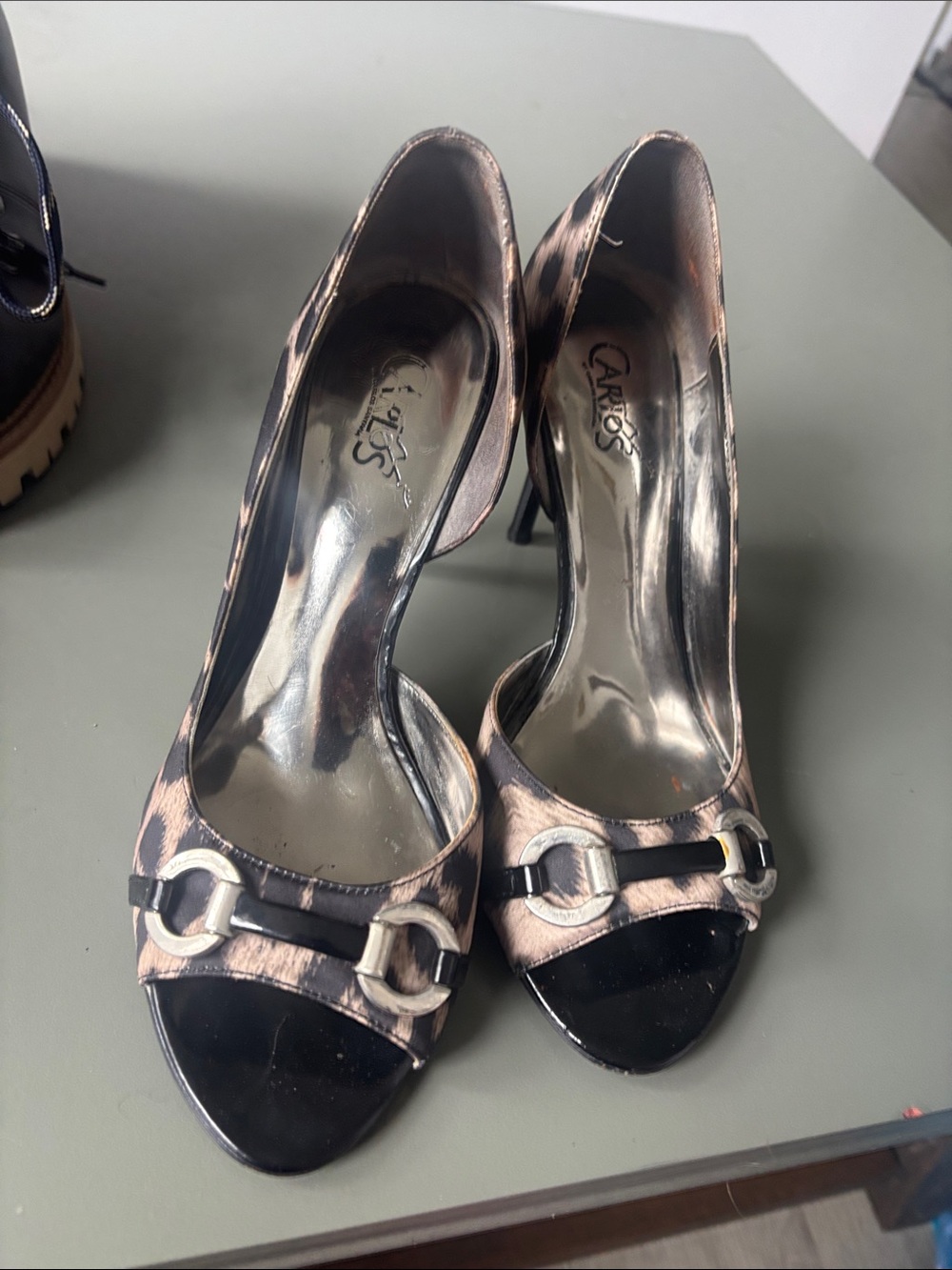 Carlos by Carlos Santana Pink Patterned and Black Patent Open-Toe Heels
